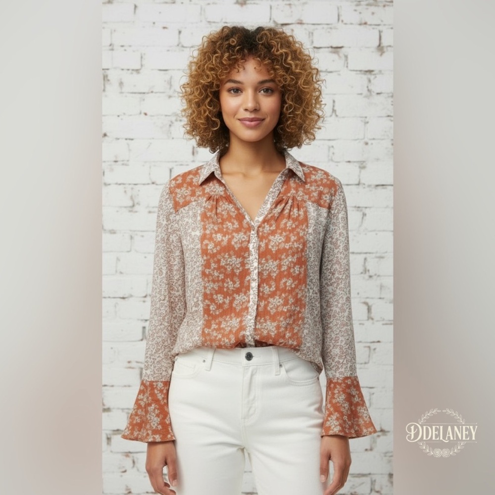Floral Rust Blouse with Bell Sleeves